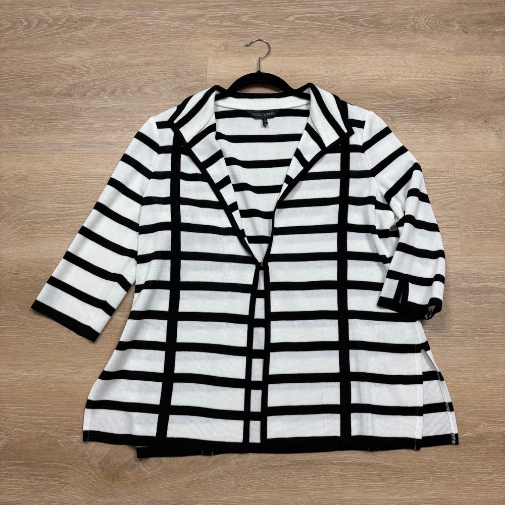 Ming Wang Stripe Open Front‎ 3/4 Sleeve Cardigan Sweater Women's L Black/White